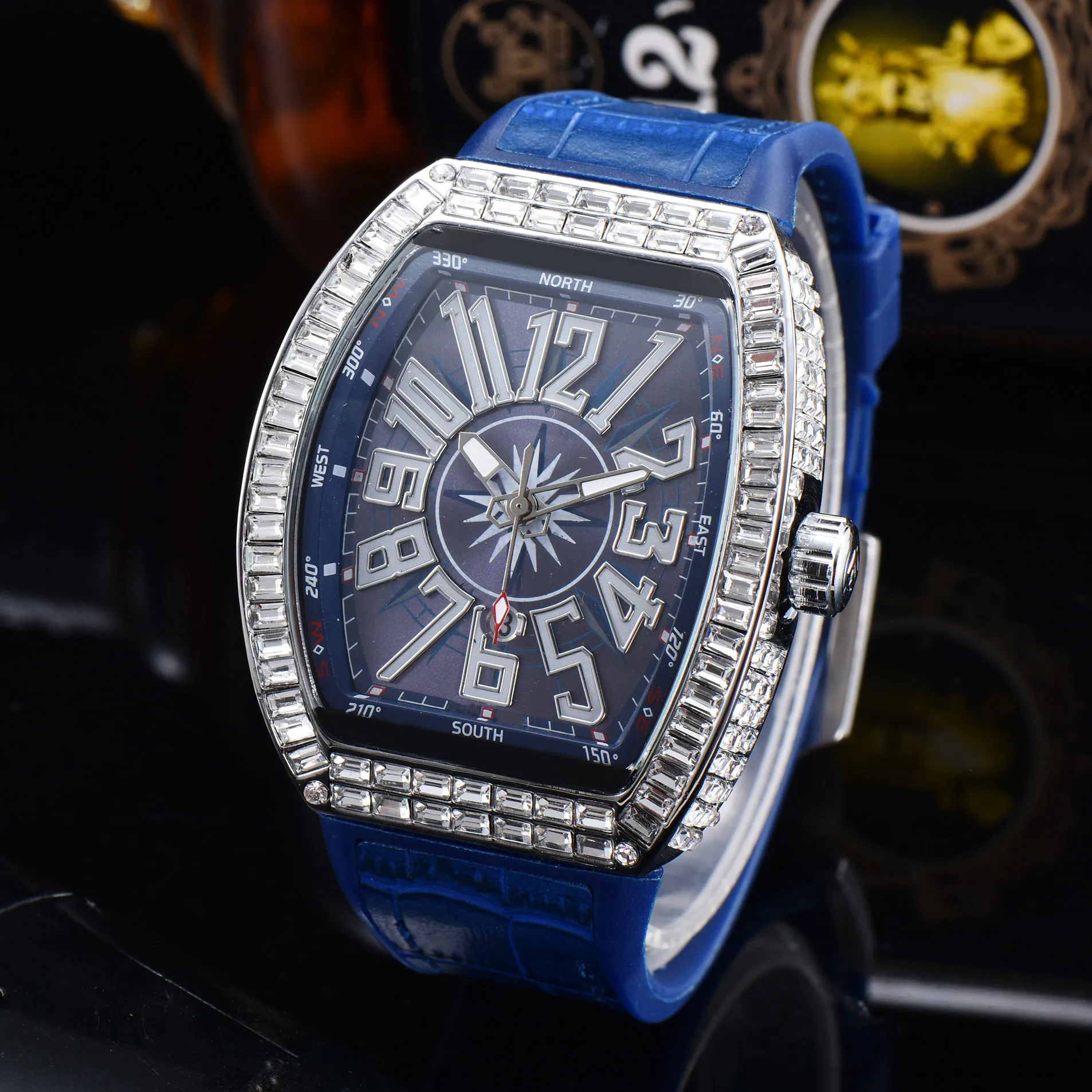 Wine barrel diamond watch Top FM brand Luxury leather men's quartz watch High quality men's gift clock