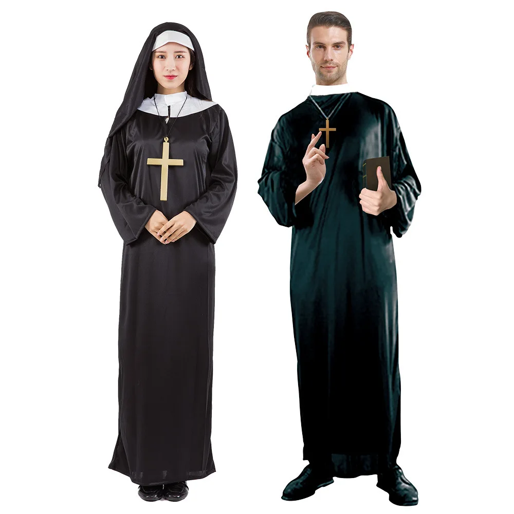 

Adult Master Father Nun Robe Cosplay Men Women Kids Priest Cape Cloak Outfit Set Halloween Costume