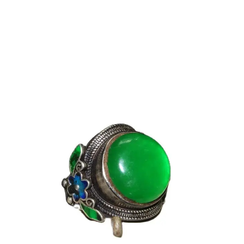

Chinese Old Tibetan Silver Jade Inlaid Colorful Round Tibetan Silver Ring.