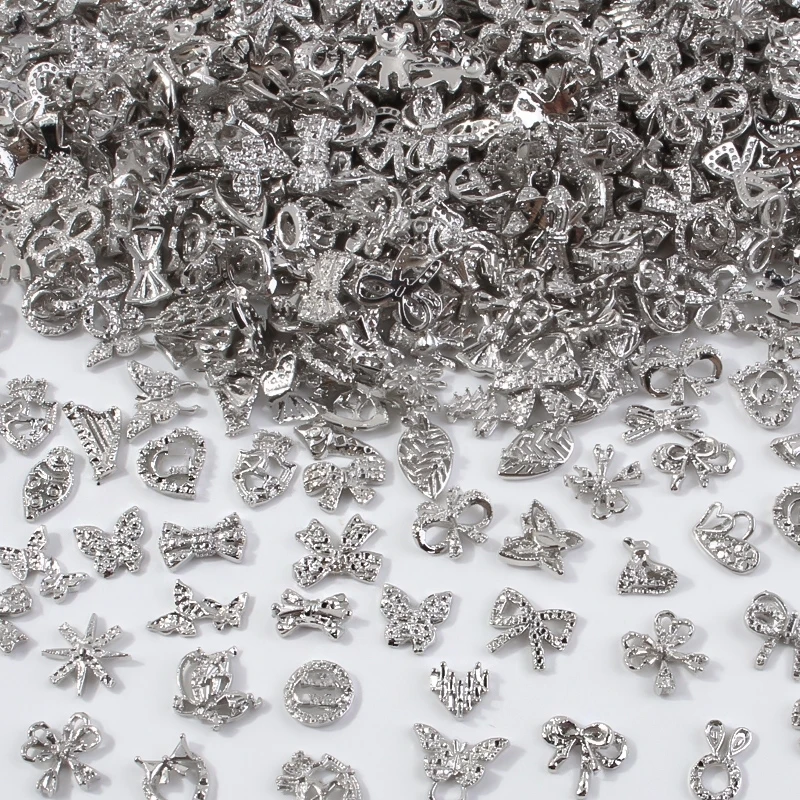 50/60 Teile/los 3D Schmetterling Legierung Nagel Charms Bogen-knoten Design Schmuck Luxus Gold Silber Hohl Nail art Dekoration zubehör Groß – Detail 1