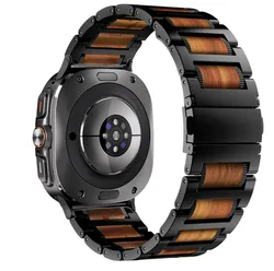 Red Sandalwood & Metal Strap Stainless Steel Bracelet Wristband for Galaxy Ultra 47mm (Black)