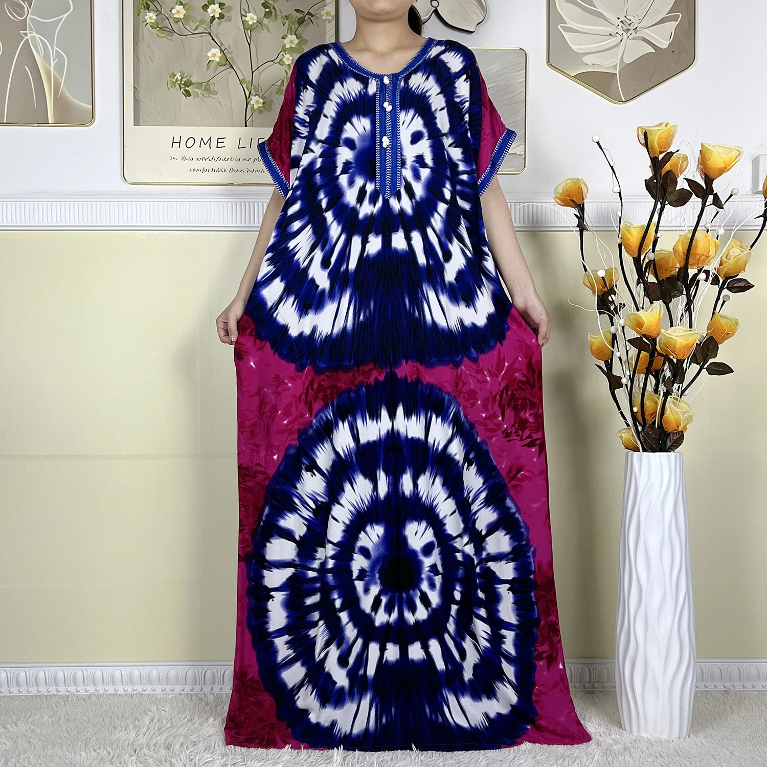 2024 New Dubai Women Dashiki Elegant Dresses Cotton Floral Printed Tie-dyed Short Sleeve Maxi Loose Islam African Abaya Clothing