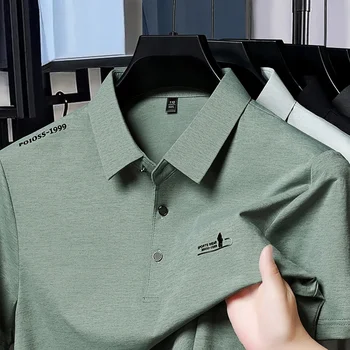 Polo ricamata alla moda da uomo in tessuto morbido ed elastico con colletto a risvolto per uso quotidiano, business e casual