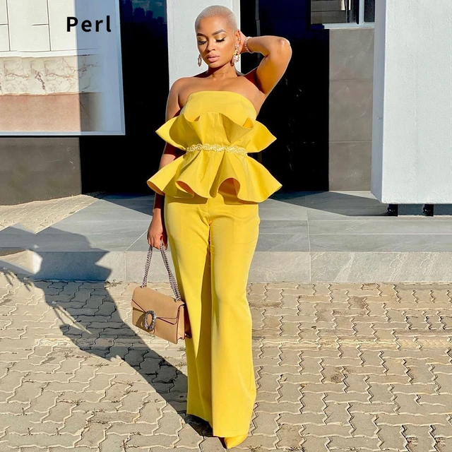 Perl Yellow Ruffle Women Set Sexy Off The Shoulder Top+straight