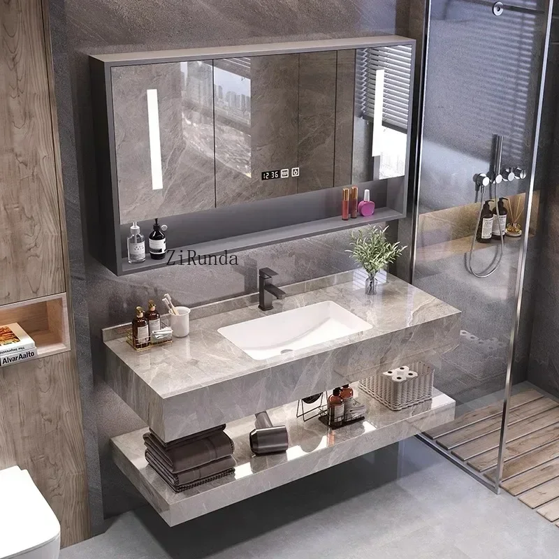 Hotel Smart Bathroom Cabinet Rock Plate Ceramic Seamless Integrated Basin Mirror Cabinet Fashion Simple Furniture Шкафы FYBC