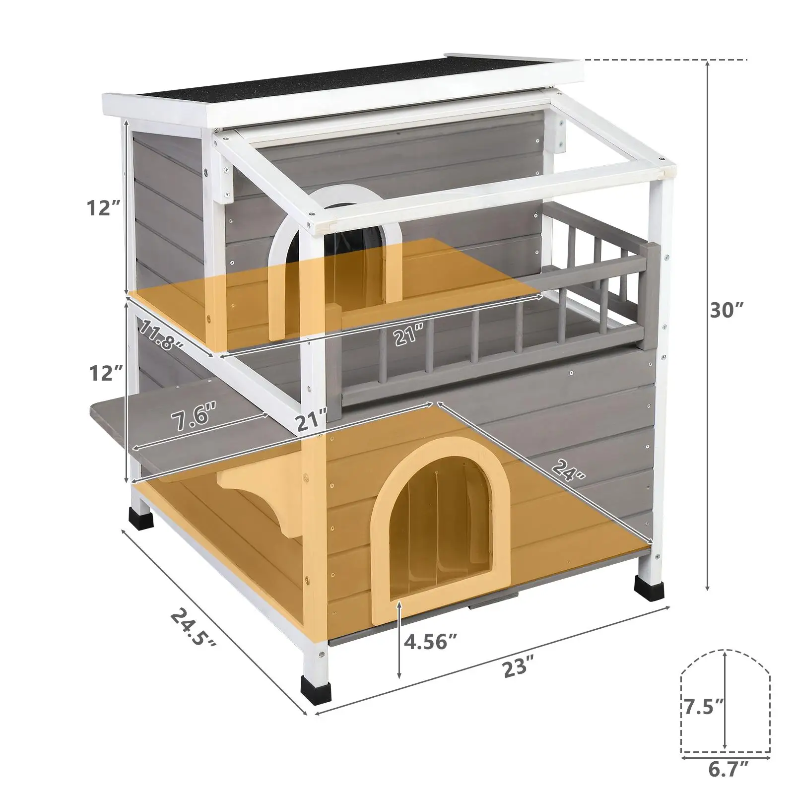 2-Story Luxury Wooden Cat House for Indoor/Outdoor Use-Weatherproof, Canopy, Balcony & Double Escape Door-Grey/White
