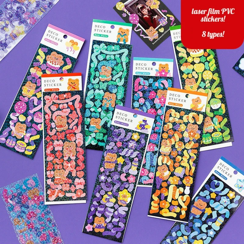 

2 Sheets Laser Film Coated Sticker Bear Waltz Series Ribbon Hand Account DIY Material Decorative Stickers