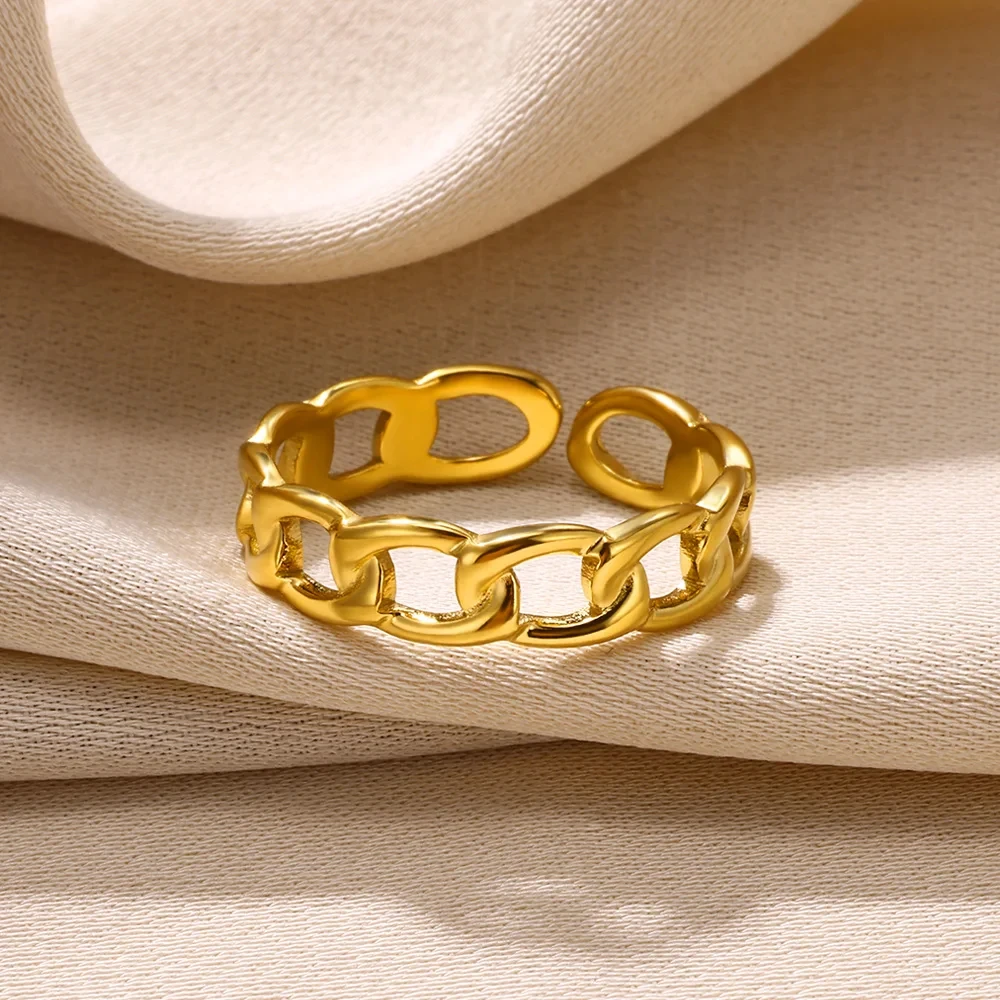 Stainless Steel Link Chain Rings For Women Gold Color Adjustable Ring