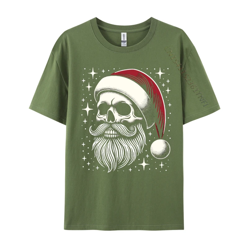 Tops Tees cosie T-shirts Father Day 2024 Hot Sale Funny Short Sleeve 100% Cotton Round Collar Man T-Shirt Funny Skull In A Santa Claus Hat Christmas Skull armygreen