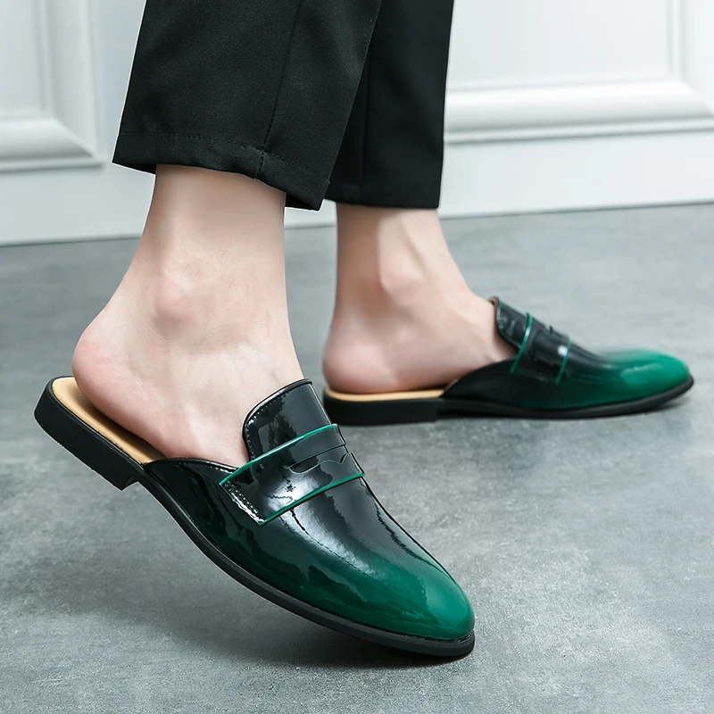 

Square Heel Pointed Toe Half Slippers Men Shoes Summer Glossy PU Leather Men's Casual Shoes Outdoor Flat Men's Sandals Slippers