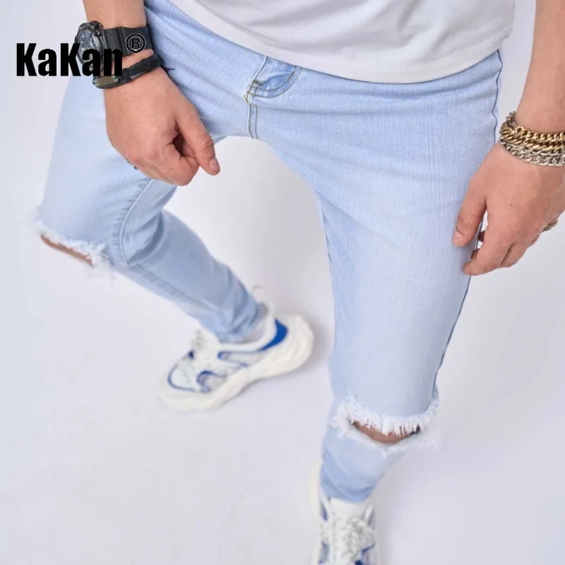 Kakan Europe and America's New Perforated Stretch Jeans for Men, Classic Solid Color Casual Small Foot Slim Pants K49-602