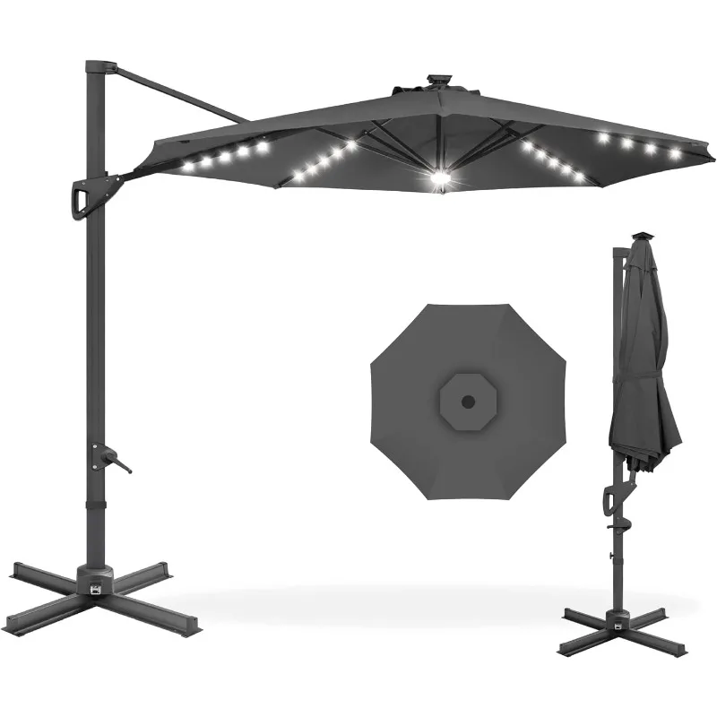 

10ft Solar LED Cantilever Patio Umbrella, 360-Degree Rotation Hanging Offset Market Outdoor Sun Shade