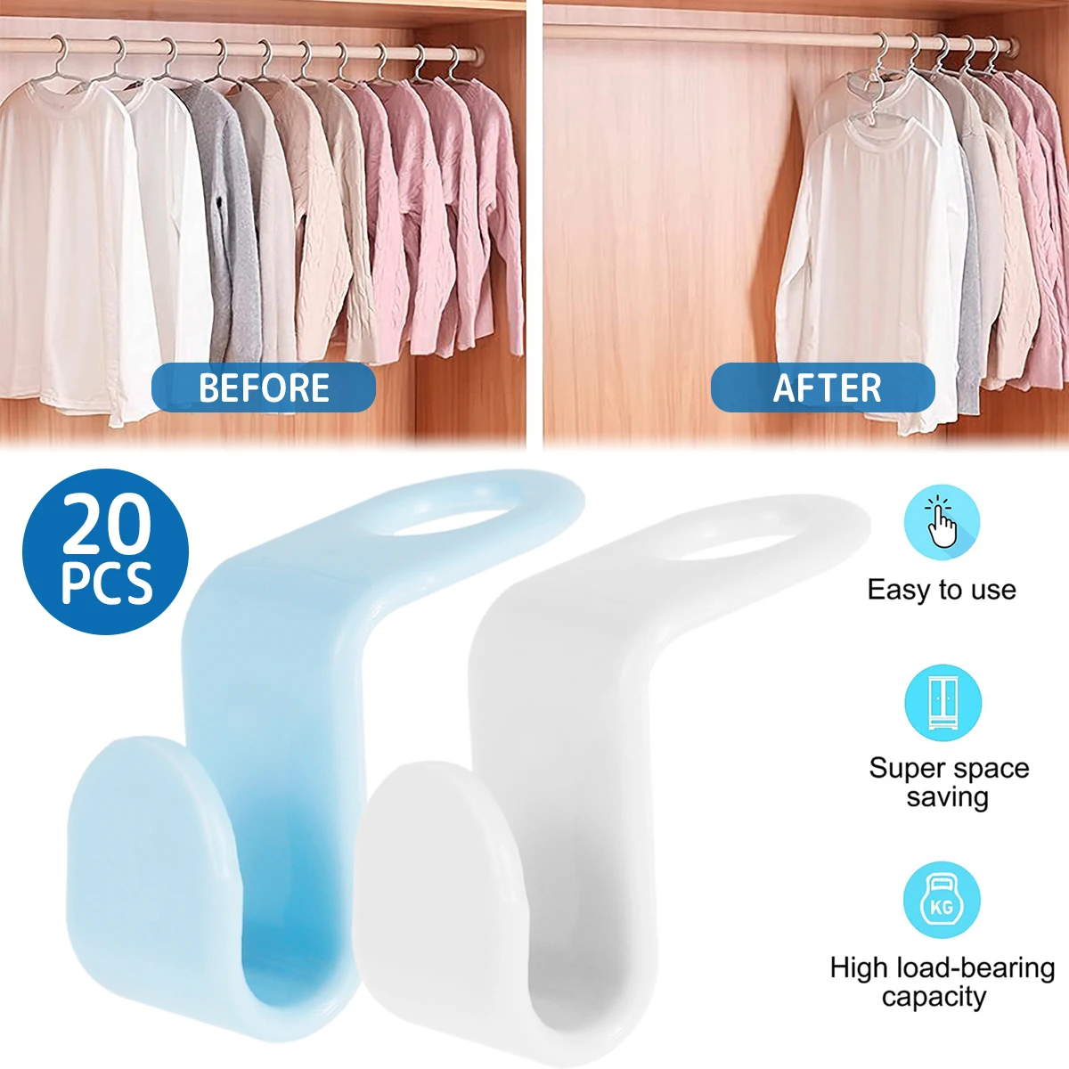 20PCS Clothes Hanger Connector Hooks, Cascading Clothes Hangers for Heavy  Duty Space Saving Cascading Connection Hooks for Clothes Closet, White