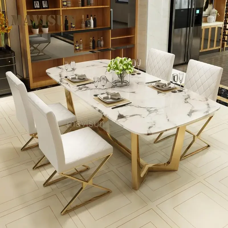 

Light Luxury Artist Stainless Steel Marble Table And Chair Combination Set For Dining Room Simple Rectangular Northern European