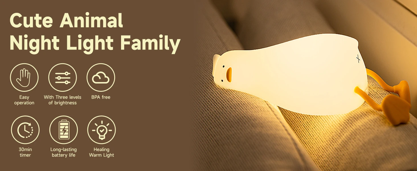 Cute Duck Lamp,Fun Lying Flat Duck/Chicken/Pig/Rabbit/Panda Night Light,LED Squishy Animal