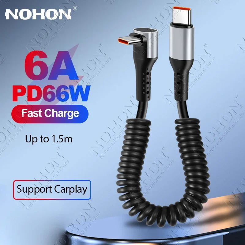 

NOHON 66W Spring 90 Degree USB Type C Cable 6A Fast Charge Type-C Cord for Samsung Xiaomi For Tesla in Car Charging Cable