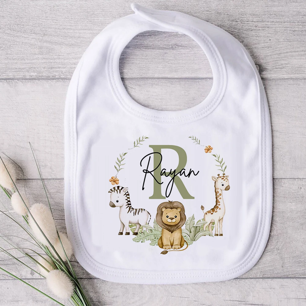 Personalised Baby Bib Safari Animals Bibs Initial with Name Newborn Wild One Birthday Gifts Infant Saliva Towel Baby Shower Gift 5
