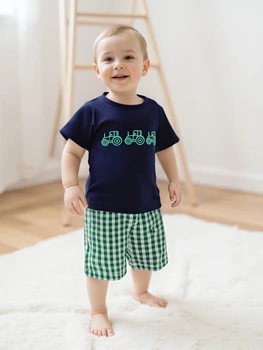 Toddler Boys 2-Piece Outfit Short Sleeve Dinosaur Print Tee with Denim Shorts Summer Set for Little Boys 2