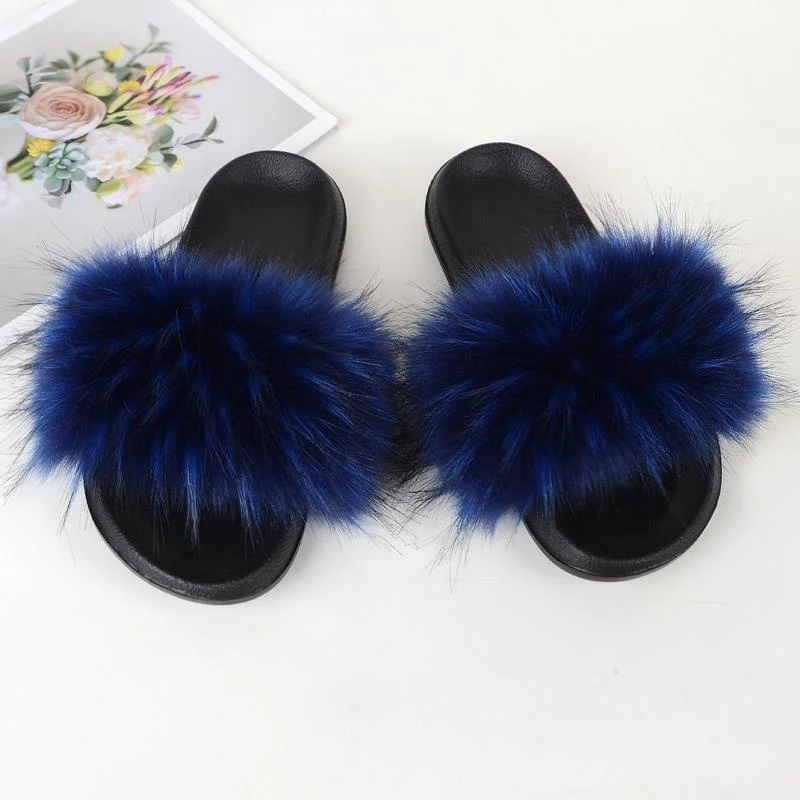 Summer Faux Fur Slides for Women Furry Fake Fur Slippers Outdoor Beach Fluffy Flat EVA Sole Soft Ladies Plush Flip Flops Woman