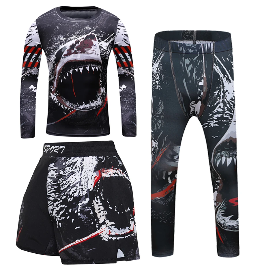 Sports Apparel BJJ GI Kids MMA Rashguard T-shirt + Pants Set Jiu Jusit Tights Muay Thai Shorts Rash Guard For Children MMA Compression Sportsuit