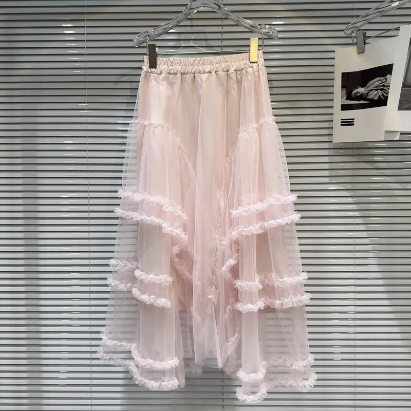 

BORVEMAYS Mesh A-line Elegant Skirts Loose Stretch High Waist Solid Color Ruffles Spring Summer New 2024 WZ8355