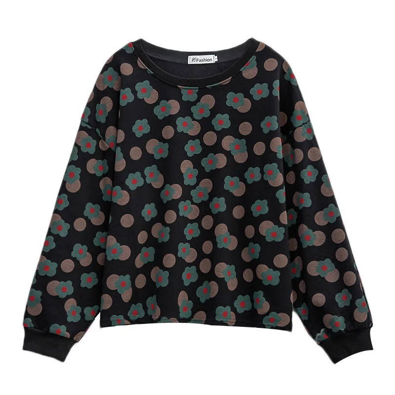 2023 Women New Autumn and Winter Loose Fitting Large Round Neck Printed Fashion Versatile and Minimalist Long Sleeved Tops