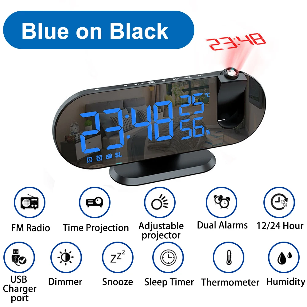 MACHSWON Reloj despertador de proyección en techo, reloj digital LED para  dormitorio con batería de respaldo, cargador USB, atenuador, proyector de
