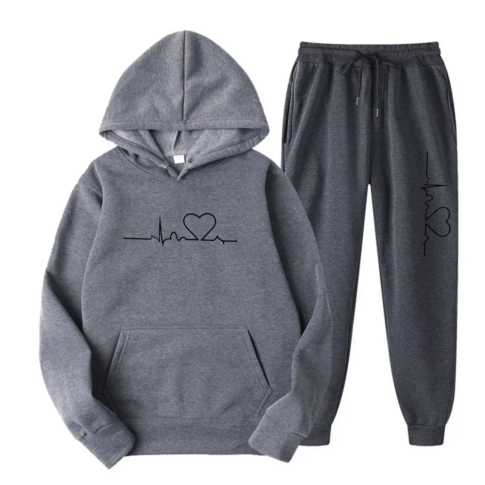 2024 Men And Women Plus Fleece Hoodie Set Autumn And Winter Men's Heart Figure Hoodie Trend Casual Men's Printed Shirt