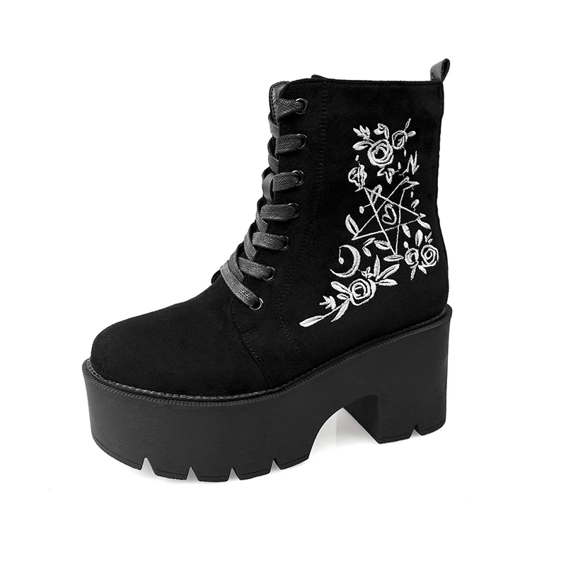 Fashion Embroidery Women's Boots 2023 New Chunky Heel Platform Suede Leather Women Shoes Large Size Winter Black High Heel Shoes