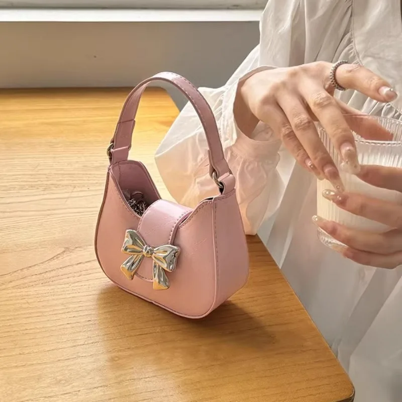 Xiuya Small Pink Womens Handbag Korean Fashion Pu Leather Elegant Sweet Gentle Chains Shoulder Bag Bow Cute Summer Ladies Bag