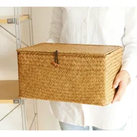 Handmade Seagrass Woven Storage Box Seaweed Storage Finishing Basket with Lid Sundry Bath Cosmetic Towel Container mx01161829 1