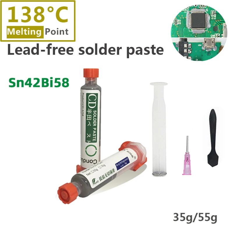 

Low Temperature Lead-free Syringe 138℃ Tin Solder Paste Sn42Bi58 Flux For Soldering iron LED PCB BGA SMD repair Welding paste