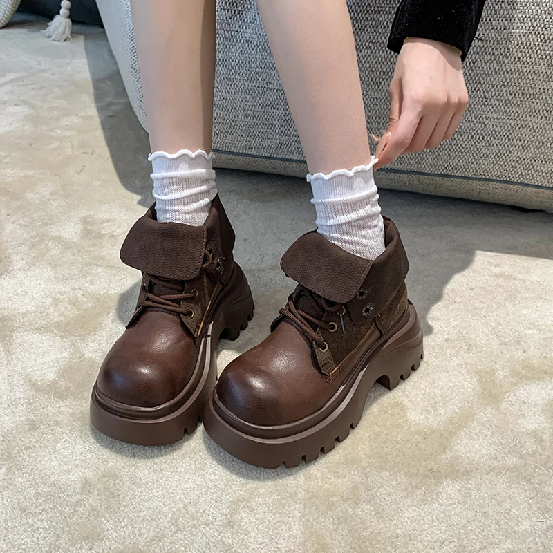 Aphixta Classical 7cm High Chunky Heel Women's Ankle Boots Cross-tied Leather Women's autumn boots Korean Style Platform boots
