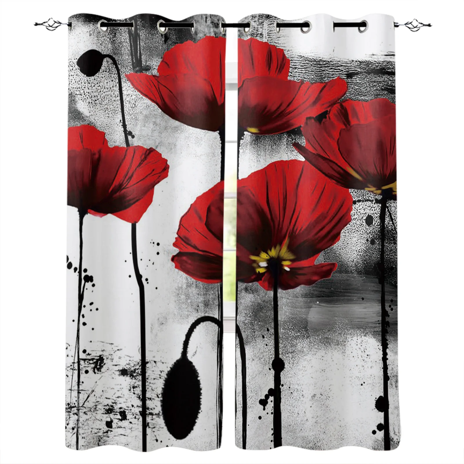 

2023 Ink Painting Red Flower Curtains Living Room Curtains Kids Room Kitchen Indoor Floral Curtain 2 Panels With Valance Hook