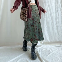 SUCHCUTE y2k Vintage Floral Printing Midi Skirts Women Harajuku Fairycore Green Straight Maxi Skirt Aesthetic Sweet Girl Clothes - Image 3