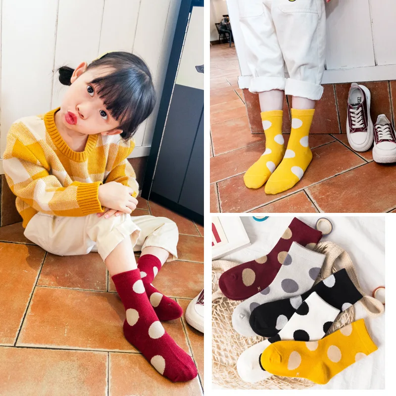 5Pairs Children Cotton Socks Dot Baby Girls Socks Cute Cartoon For 1-12Y Teens Spring Fashion 1pair random kids soft cotton socks boy girl baby cute cartoon warm stripe fashion sport for spring autumn winter children