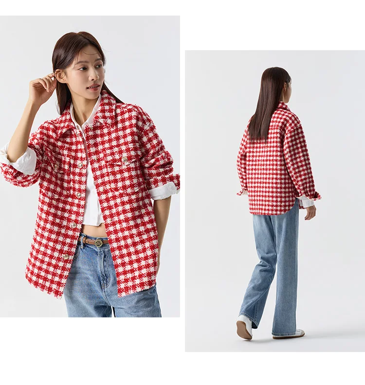 Prendas de abrigo para mujer, estilo medio largo, moda nueva primavera, top de tweed a cuadros