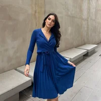 Customized A-line V-neck Bespoke Occasion Gown Simple Blue Party Dresses Jersey Knee Length Evening Dresses Bow Pleat Prom Dress 1