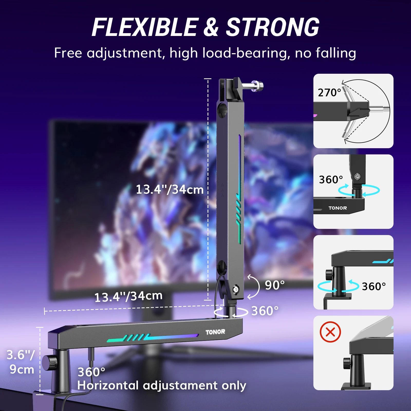 RGB Gaming Mic Arm with Controllable RGB Light and Cable Management