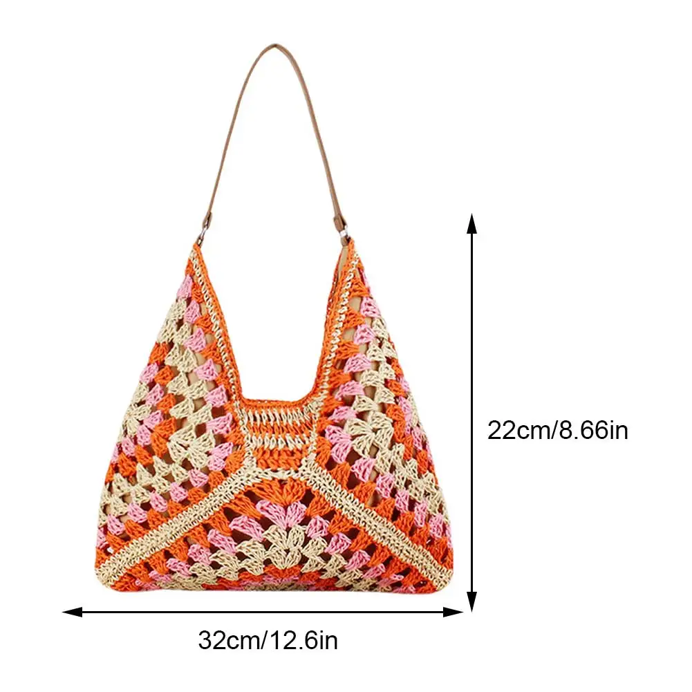Women Summer Beach Bag Large Capacity Crochet Hobo Bags Hollow Out Handbags Patchwork Hasp Closure for Beach Vacation