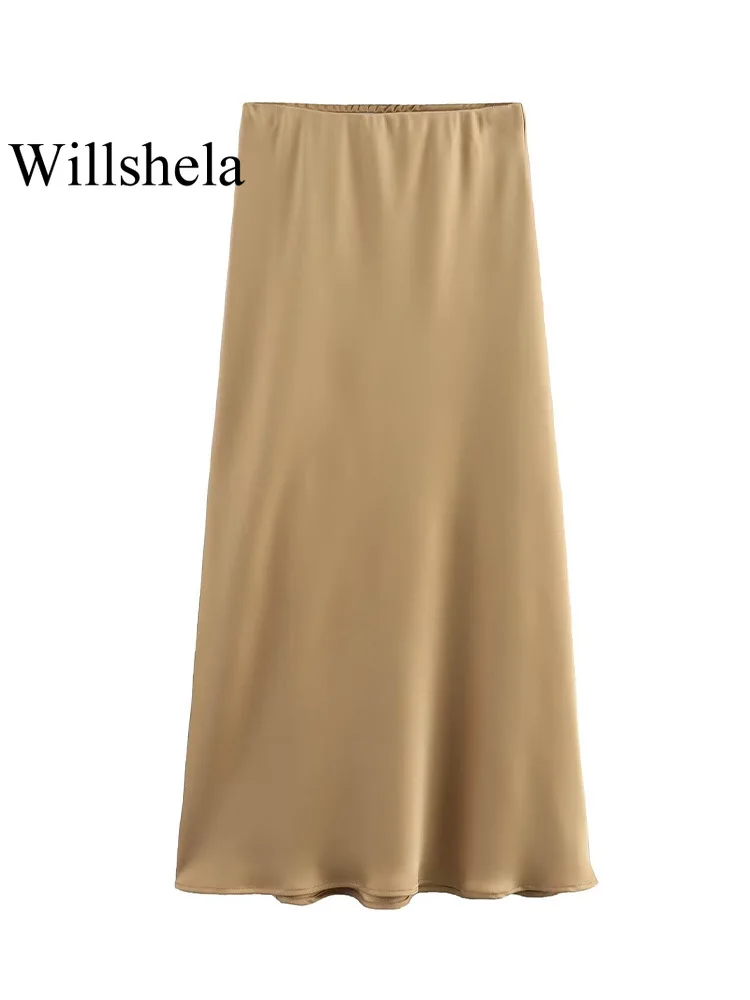 Willshela Women Fashion Satin Solid Pleated Midi Skirt Vintage Mid Elastic Waist Female Chic Lady Skirts 2