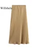 Willshela Women Fashion Satin Solid Pleated Midi Skirt Vintage Mid Elastic Waist Female Chic Lady Skirts 2