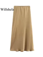 Willshela Women Fashion Satin Solid Pleated Midi Skirt Vintage Mid Elastic Waist Female Chic Lady Skirts 2