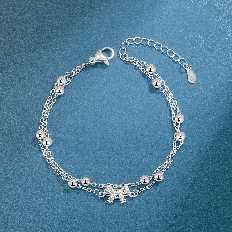 

925 Sterling Silver Double Bow Bracelet Temperament Charm Ladies Bracelet Birthday Party Gift Exquisite Jewelry Free Shipping