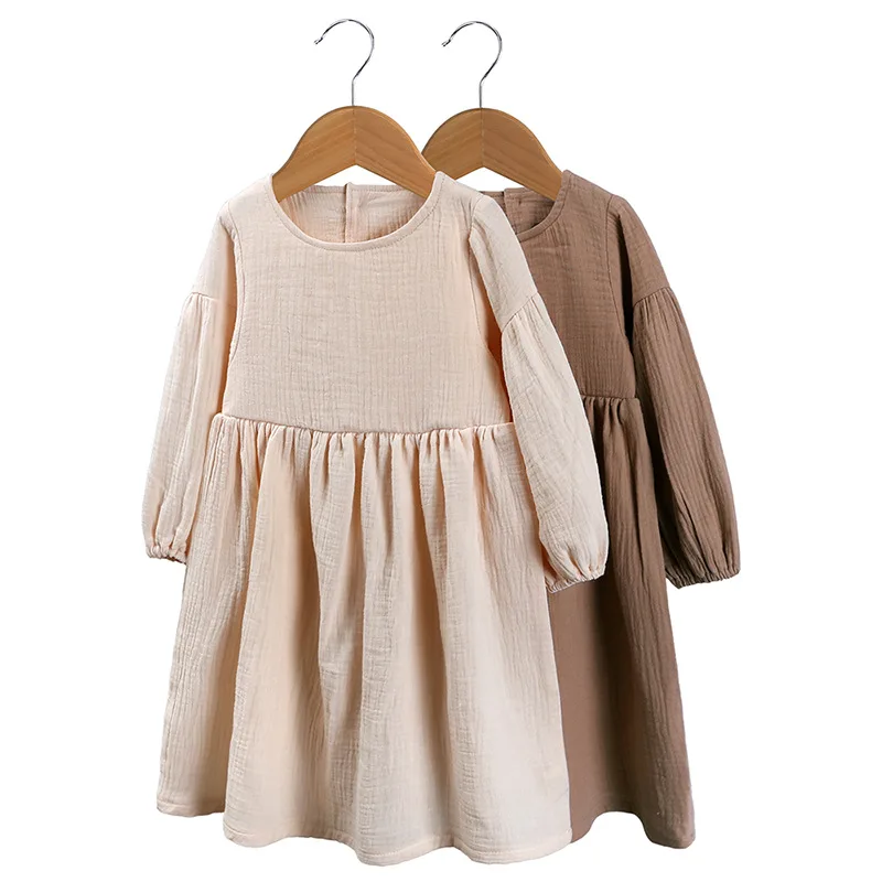 Spring New Kids Baby Girls Long Sleeve Solid Color Dress Autumn Kids Baby Girls Princess Children Clothes Dress