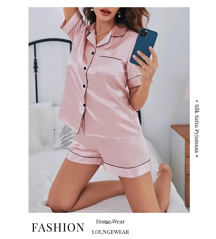 Sommer-Pyjama-Set aus Seidensatin für Damen, Oberteil und Shorts mit Knopfleiste, 2-teilig, Nachtwäsche, gekerbter Kragen, Nachtwäsche, Loungewear für Damen – Detail 11