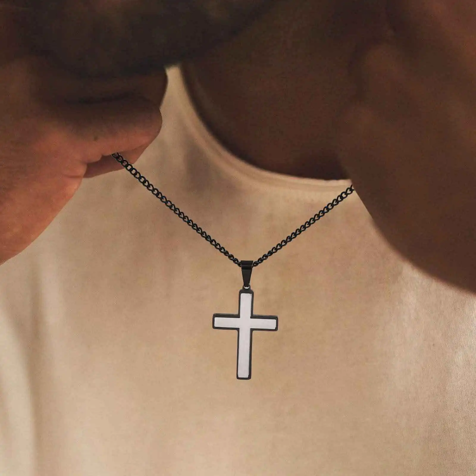 Simple Cross Necklace for Men, Stainless Steel Silver Black Color Cross Pendant Necklaces,Length 60CM 24Inch