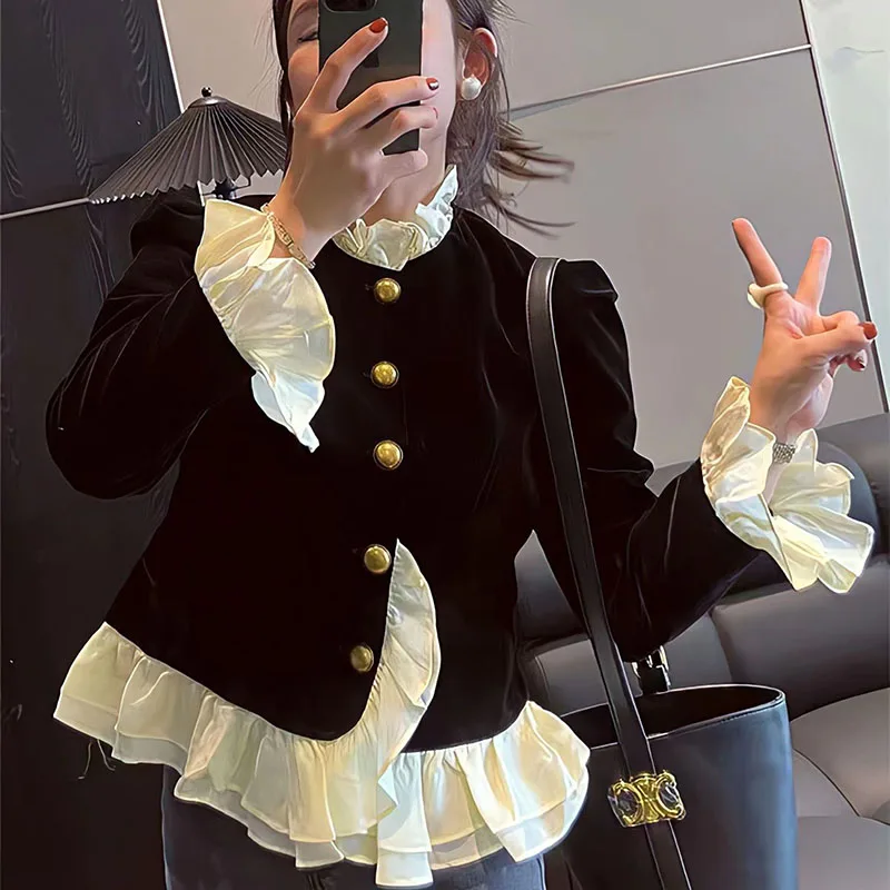 Fashion Spliced Button Ruffles Flare Sleeve Shirt Women's Clothing 2023 Autumn Winter New Casual Tops Sweet Blouse