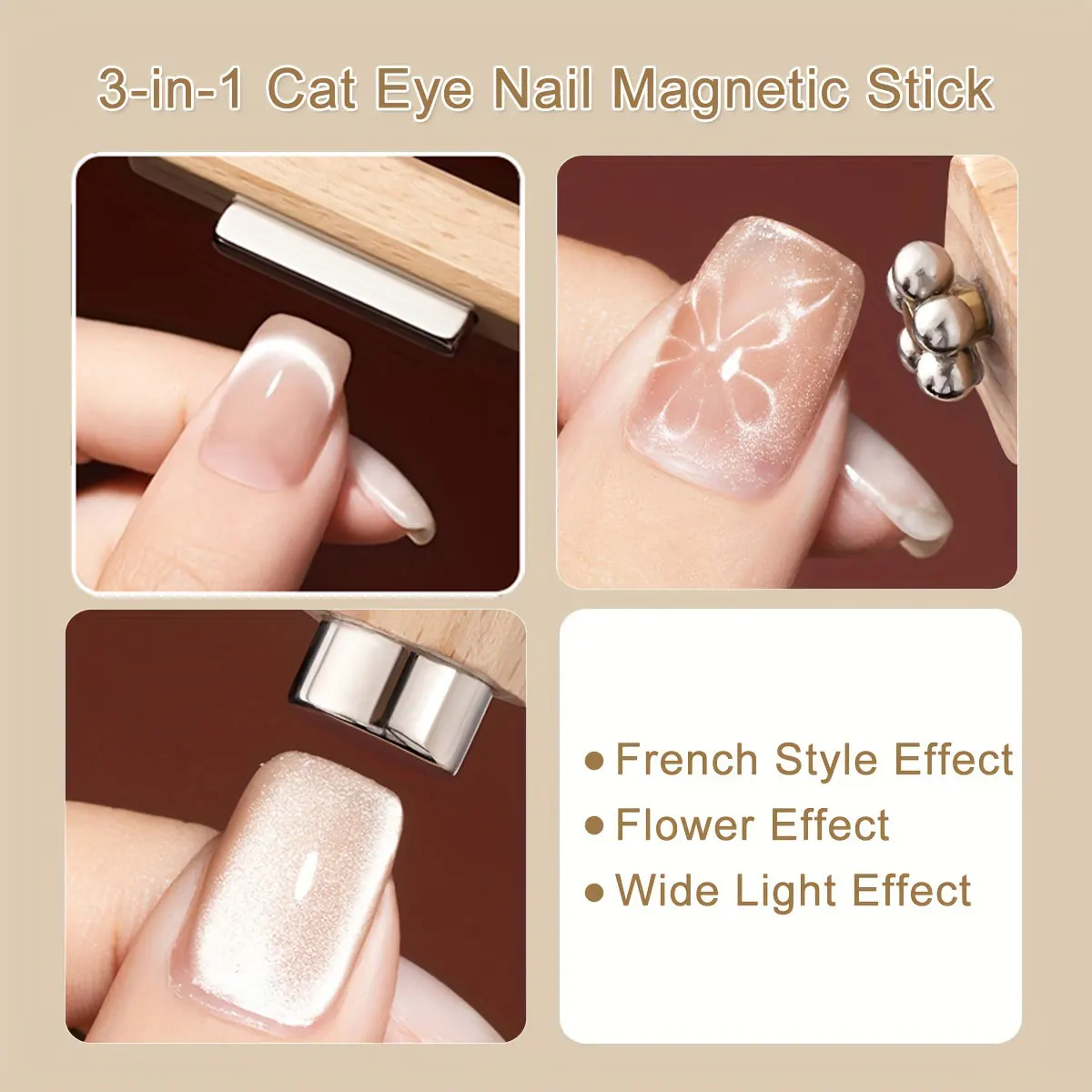 Natural Wood Handle 3 in 1 Super Strong Cat's Eye Magnetic Cylinder Nail Art Tools UV Gel Gel Polish Magnet Stick French & Wide magnetic nail art tools cat eye nail tool magnetic nail tools