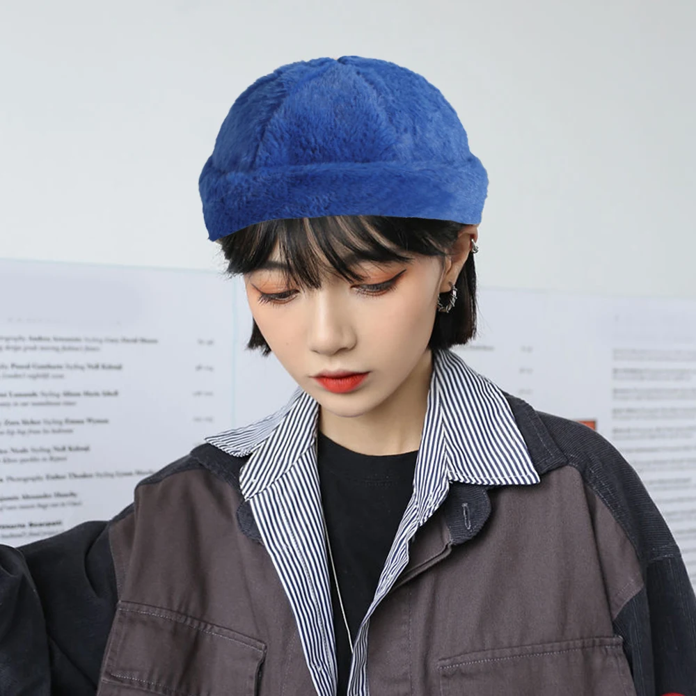 

Autumn Winter Soft Plush Watermelon Hat For Women Imitate Woolen Thicken Warm Brimless Hat Fashion Solid Color Beret Bucket Hats